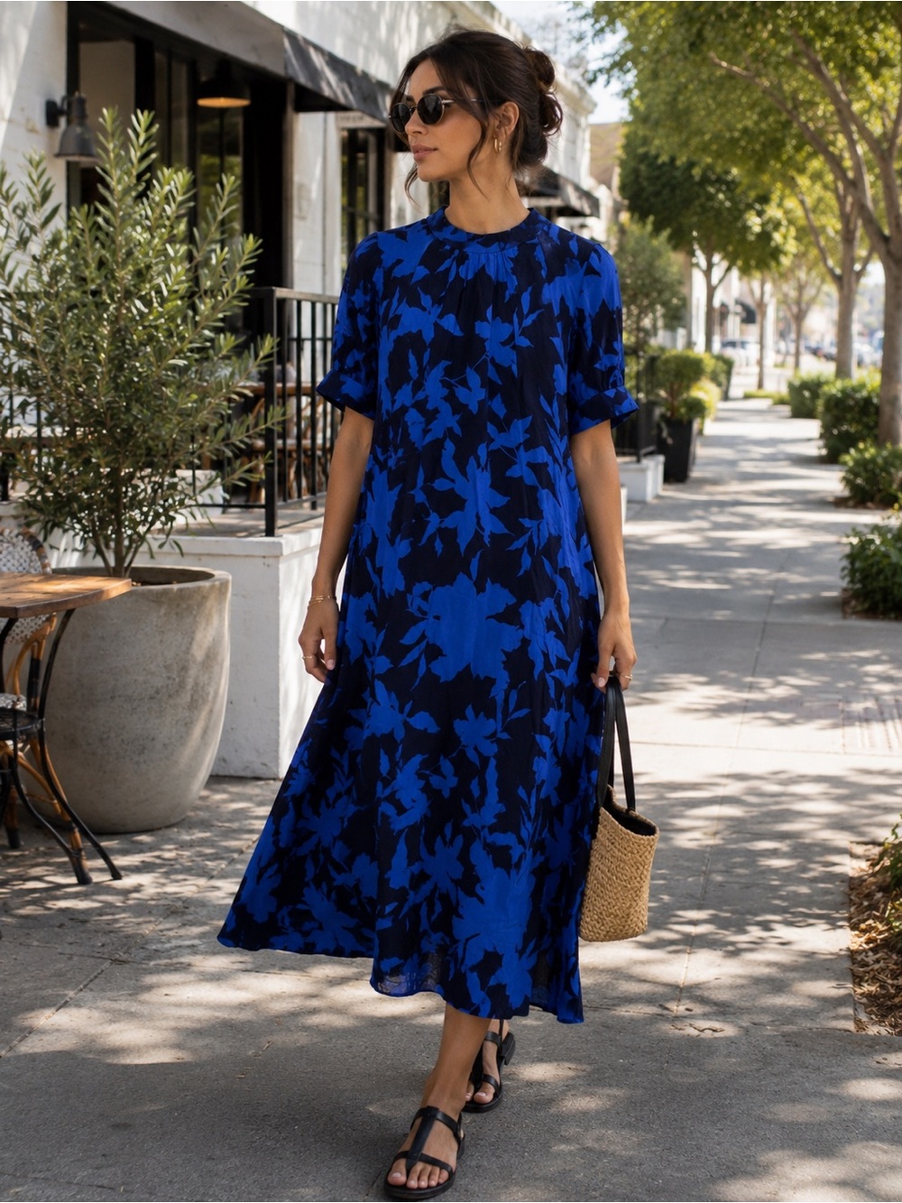 By Anthropologie Mackenzie Mock Neck Midi  Dress M Blue‎ Black